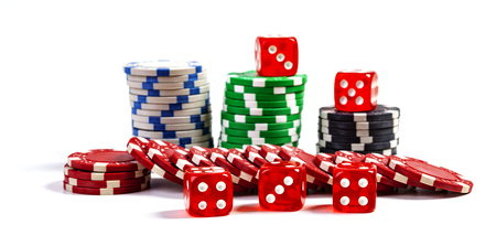 Casino Chips Pile With Five Red Dice Isolated On White Backgroundの写真素材