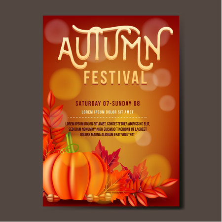 Autumn festival Flyer or banner Template design with leaves, pumpkin and acornのイラスト素材