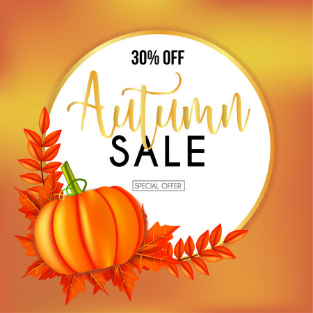 autumn sales banners with pumpkin and round frame leavesのイラスト素材