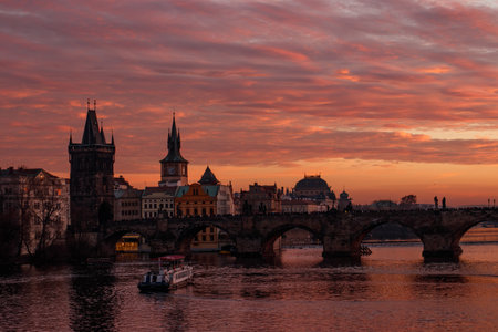 Charles Bridge at sunset in Prague, Czech Republic. Beautiful view of Charles Bridge.の写真素材