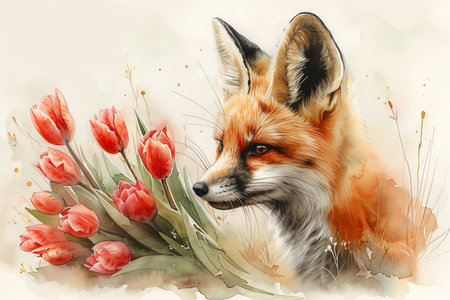 A watercolor painting depicting a red fox surrounded by vibrant tulips, with ample copy space for a postcard designの素材