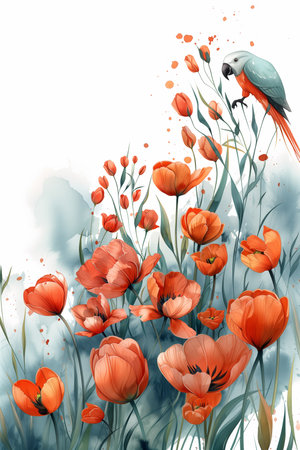 A painting of a bird perched atop a vibrant bunch of flowers, including tulips and orchids, rendered in delicate watercolorの素材
