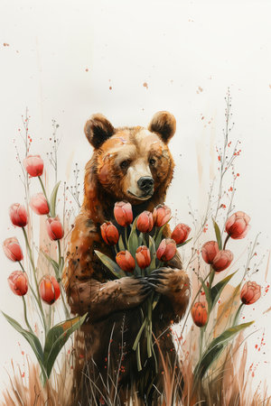 A watercolor painting featuring a bear holding a bunch of colorful flowers, including tulips. The artwork is reminiscent of a postcard with ample copy spaceの素材