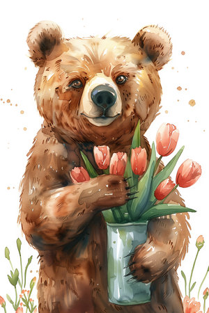 A watercolor painting of a bear holding a vase filled with tulips, against a postcard background. Ideal for adding a touch of nature to any spaceの素材