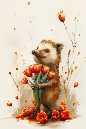 A watercolor painting of a hedgehog gracefully holding a bunch of vibrant red tulips, with a postcard and copy space visible in the backgroundの素材