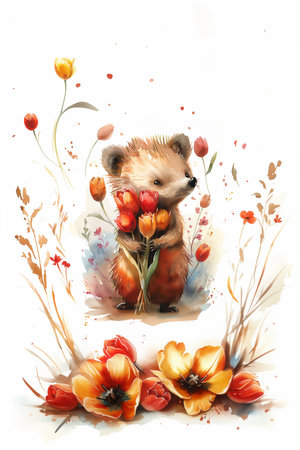 A watercolor painting featuring a hedgehog adorned with bright red tulip flowers, set against a blank background ideal for a postcard designの素材