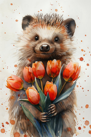 A watercolor painting featuring a hedgehog adorned with a vibrant bouquet of red tulips, creating a picturesque scene with copy spaceの素材