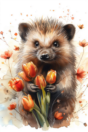 A watercolor painting of a hedgehog adorned with a bunch of vibrant red tulips, set against a blank background with ample copy spaceの素材