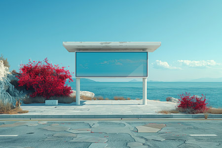 A billboard stands on the roadside next to the ocean, advertising various products or services, mockupの素材