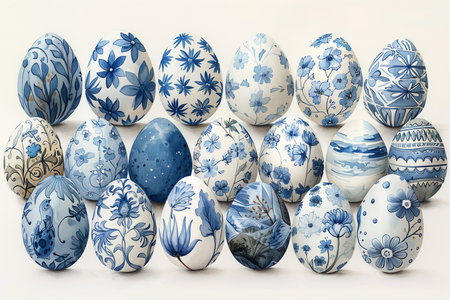 A group of blue and white painted by blue pen eggs neatly arranged on top of each other Easterの素材