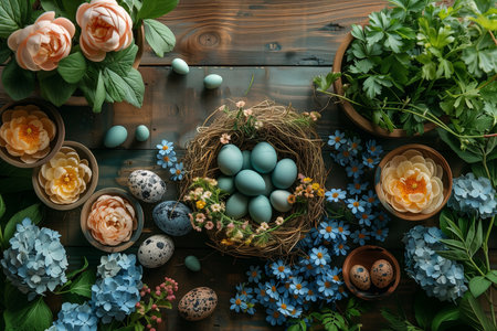 A birds nest sits surrounded by colorful flowers and several eggs Easterの素材