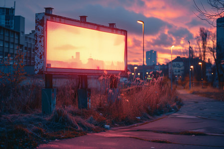 A billboard set against a stunning sunset background, showcasing a white frame mockup for advertising purposes, mockupの素材
