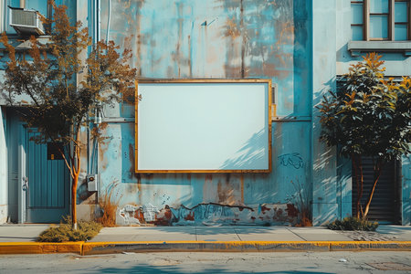 A blue building with a white advertising sign attached to its side, mockupの素材