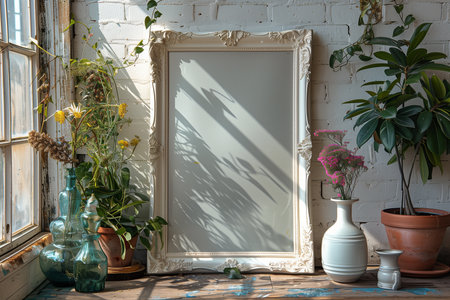 A white picture frame rests on a table beside green potted plants, mockupの素材