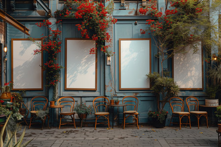 Several chairs arranged neatly outside a building, mockupの素材