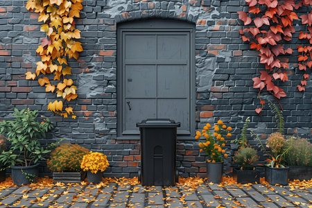 A black trash can is positioned in front of a brick wallの素材