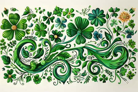 A hand-drawn pattern of shamrocks and leaves on a white background, symbolizing St. Patricks Day celebrationsの素材