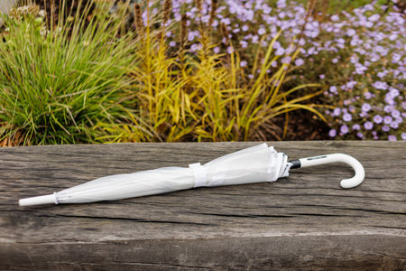 White umbrella is lying on a wooden bench with a garden in the background. Karlin, Pragueの写真素材