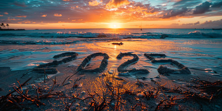 Sun setting over ocean with 2012 written in sand on the beach.の素材