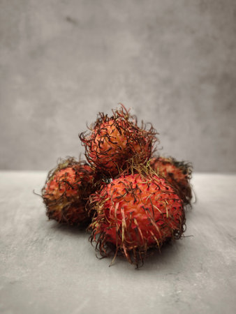 Ripe rambutan fruits resting on a gray surface, showcasing their vibrant red and hairy exteriorの写真素材