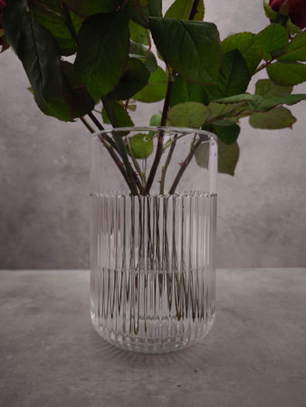 Red roses arranged in a stylish glass vase, adding a touch of elegance to a simple gray backdropの写真素材