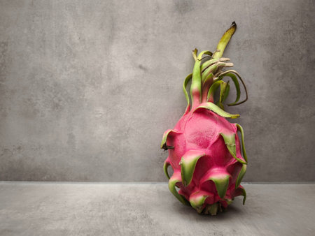 Vibrant dragon fruit sits on a gray surface against a matching backdrop, creating a minimalist still lifeの写真素材