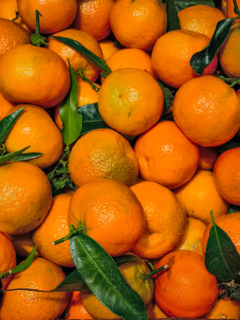 Ripe tangerines with green leaves form a colorful and textured display, showing the freshness of the...