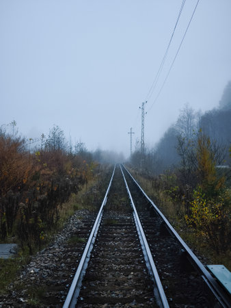 Railroad tracks stretching into the misty distance in chamonix, France, during a foggy autumn dayの写真素材