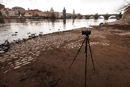 Smartphone on tripod filming timelapse of vltava river, charles bridge and birds in pragueの写真素材