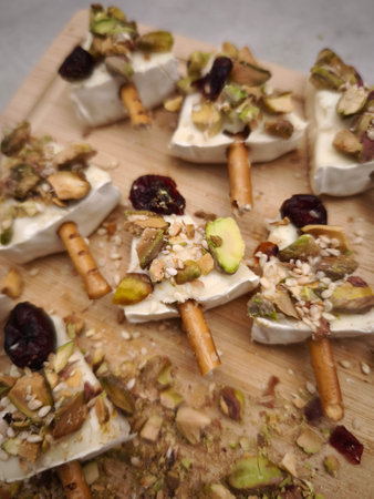 Festive christmas appetizer featuring creamy camembert cheese, crunchy pistachios, sesame seeds, and...