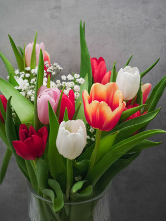 Vibrant bouquet of tulips in a glass vase, a perfect gift for Valentine's dayの写真素材