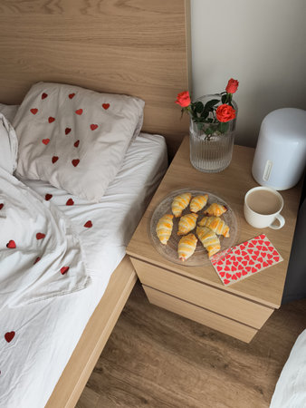 Cozy bedroom scene with heart themed bedding, fresh croissants, roses, and a cup of tea, creating a...