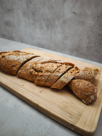 Freshly baked multigrain bread loaf, sliced and displayed on a wooden cutting board, ready to be...