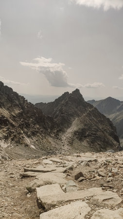 Rocky path leading to rysy peak in high tatras mountains, slovakiaの写真素材