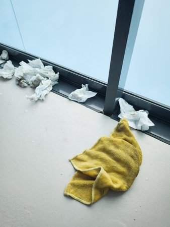 Microfiber cloth and used tissues on the floor next to a glass window during spring cleaningの写真素材