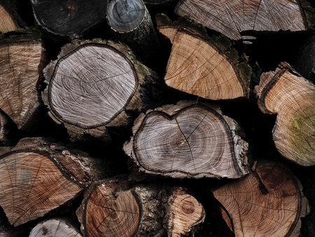 Firewood logs stacked in a forest, showcasing prominent growth rings, creating a rustic and natural...