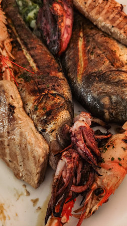Freshly grilled seafood platter featuring fish, octopus, and shrimp, perfect for a summer mealの写真素材