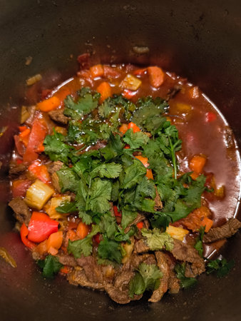 Aromatic beef stew simmering with colorful vegetables and topped with fresh cilantro, creating a hearty and flavorful mealの写真素材