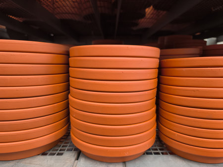 Stacks of terracotta plant trays waiting in a garden center