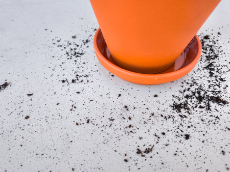 Terracotta pot leaving soil traces on white surface copy spaceの写真素材