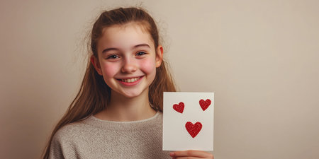 Happy young girl showing a handmade valentine's day card decorated with red glitter heartsの素材