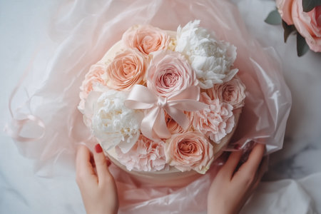 Delicate hands arranging a luxurious flower box filled with pink roses, white peonies, and a satin ribbon, perfect for Valentine's dayの素材