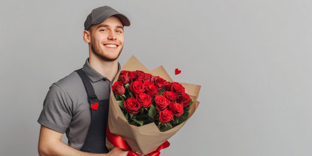 Happy florist holding a bouquet of red roses for valentine's dayの素材