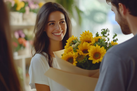 Happy woman receiving a sunflowers bouquet from a man in a flower shop for Valentine's dayの素材