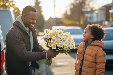 Delivery man handing flowers to a child in the street for Valentine's dayの素材