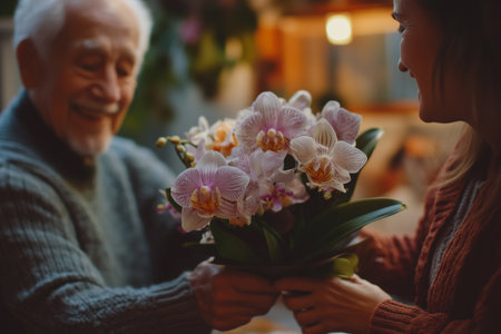 African American Florist giving orchid flowers to senior man for valentines dayの素材