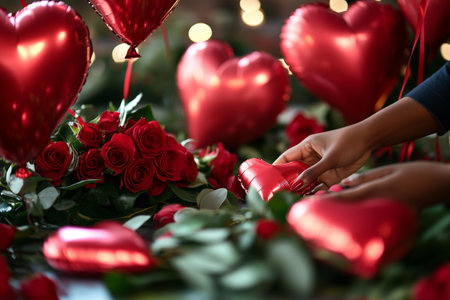 Florist arranging red roses and heart shaped balloons for valentines day bouquetの素材