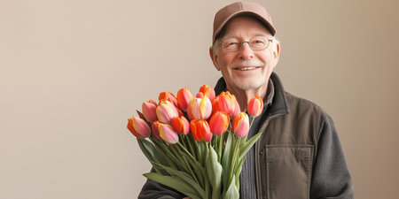 Senior florist holding bouquet of pink tulips for valentines dayの素材