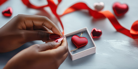 African American Woman holding red heart necklace for valentines day giftの素材