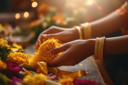 Florist creating stunning marigold arrangements for valentines dayの素材